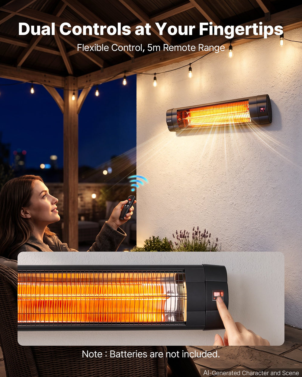 VEVOR Infrared Heater 2500W Electric Space Heater 3 Heat Settings Black, Remote & Panel Control, 24 Hours Timer, Premium PP Material, Even Warmth for Patios, Backyards, Balconies Outdoor Use