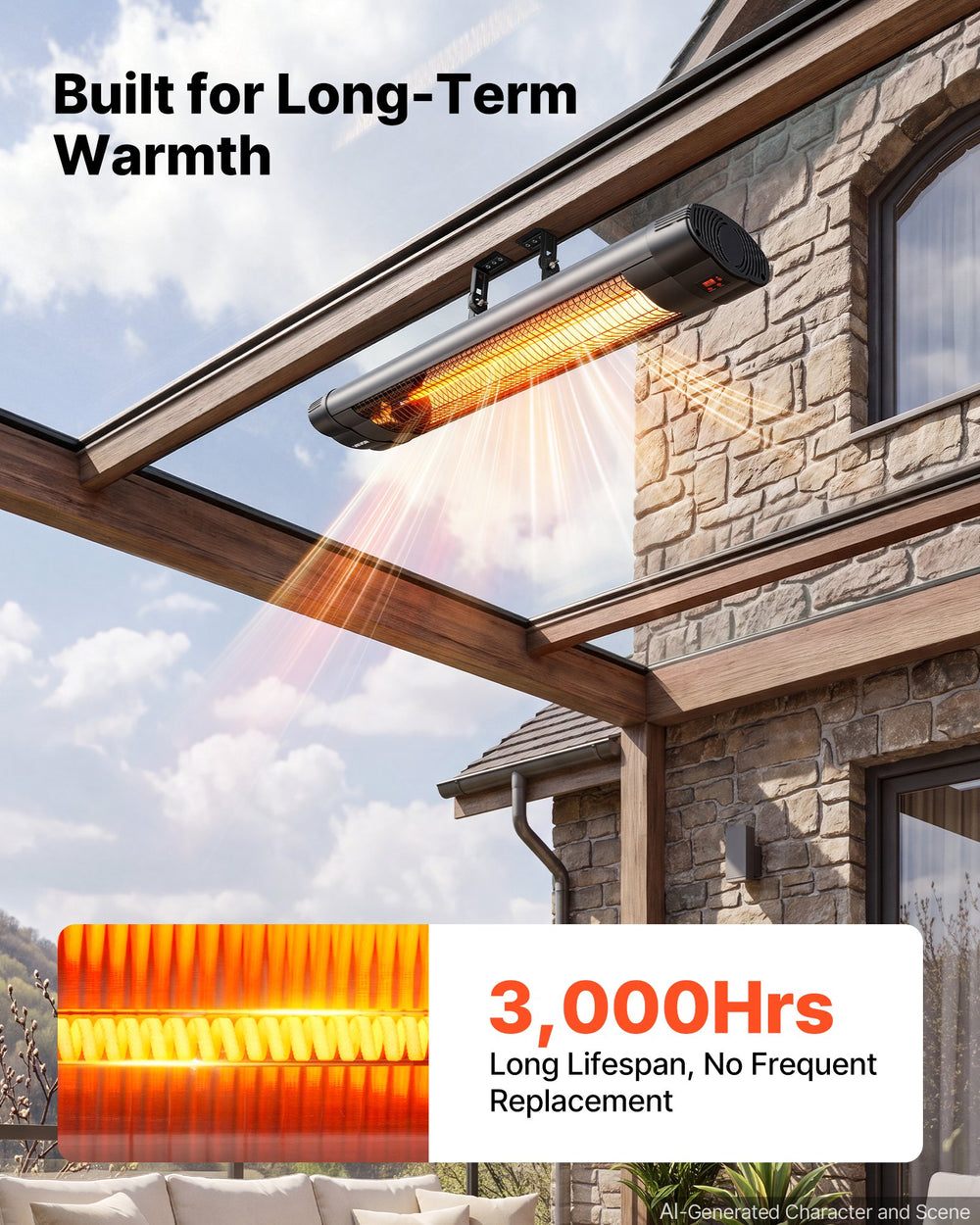 VEVOR Infrared Heater 2500W Electric Space Heater 3 Heat Settings Black, Remote & Panel Control, 24 Hours Timer, Premium PP Material, Even Warmth for Patios, Backyards, Balconies Outdoor Use