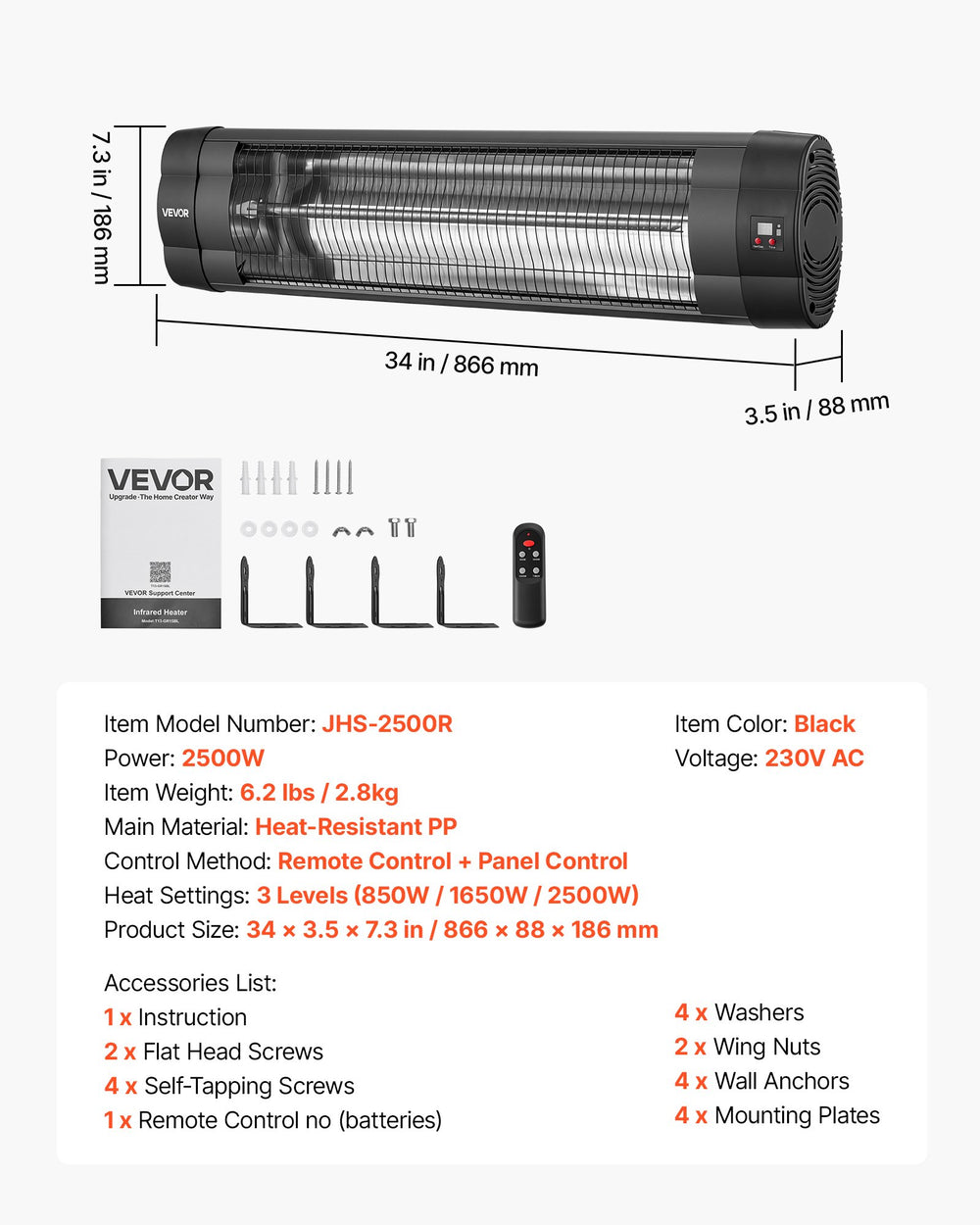 VEVOR Infrared Heater 2500W Electric Space Heater 3 Heat Settings Black, Remote & Panel Control, 24 Hours Timer, Premium PP Material, Even Warmth for Patios, Backyards, Balconies Outdoor Use