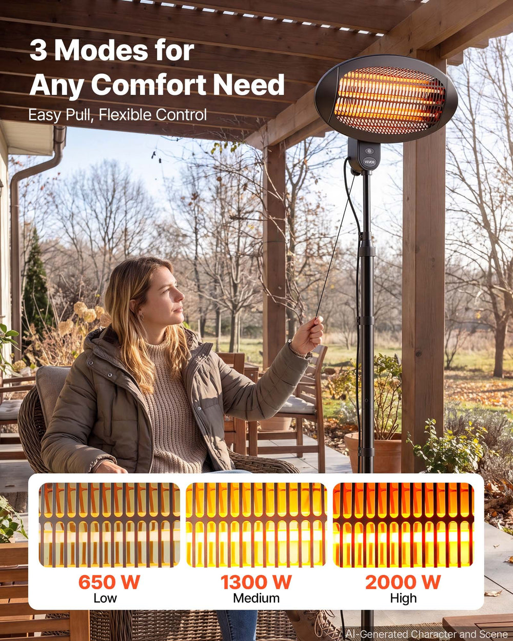 VEVOR Infrared Heater 2000W Electric Space Heater Pull-Chain Control Black, 3 Heat Settings, Premium Cold-Rolled Steel, Adjustable Height, Even Warmth for Patios, Backyards, Balconies Outdoor Use
