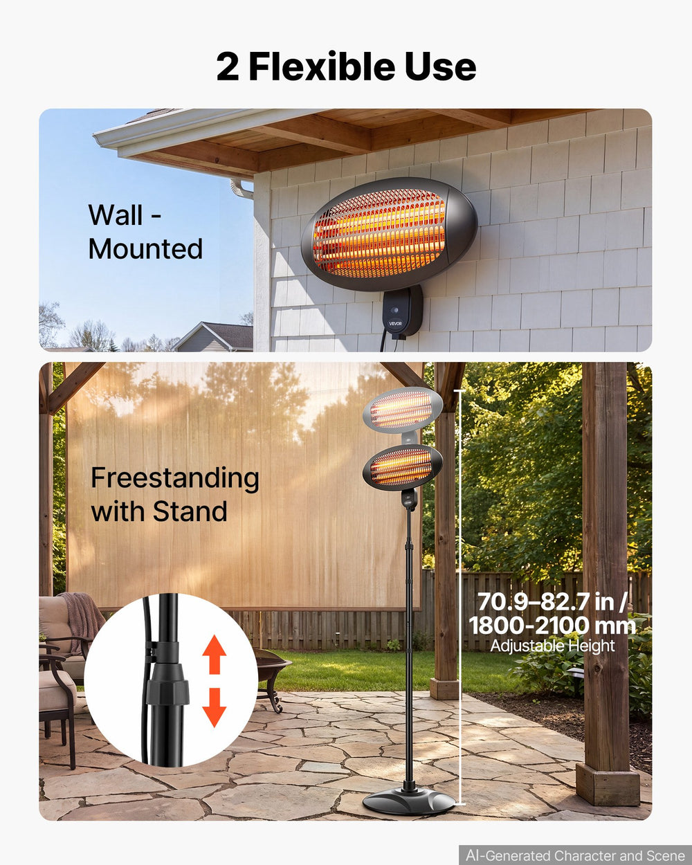 VEVOR Infrared Heater 2000W Electric Space Heater Pull-Chain Control Black, 3 Heat Settings, Premium Cold-Rolled Steel, Adjustable Height, Even Warmth for Patios, Backyards, Balconies Outdoor Use