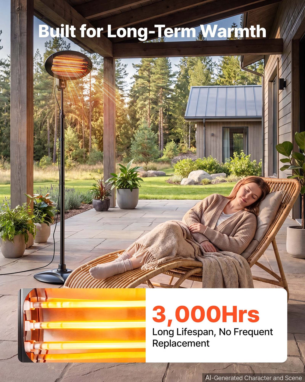 VEVOR Infrared Heater 2000W Electric Space Heater Pull-Chain Control Black, 3 Heat Settings, Premium Cold-Rolled Steel, Adjustable Height, Even Warmth for Patios, Backyards, Balconies Outdoor Use