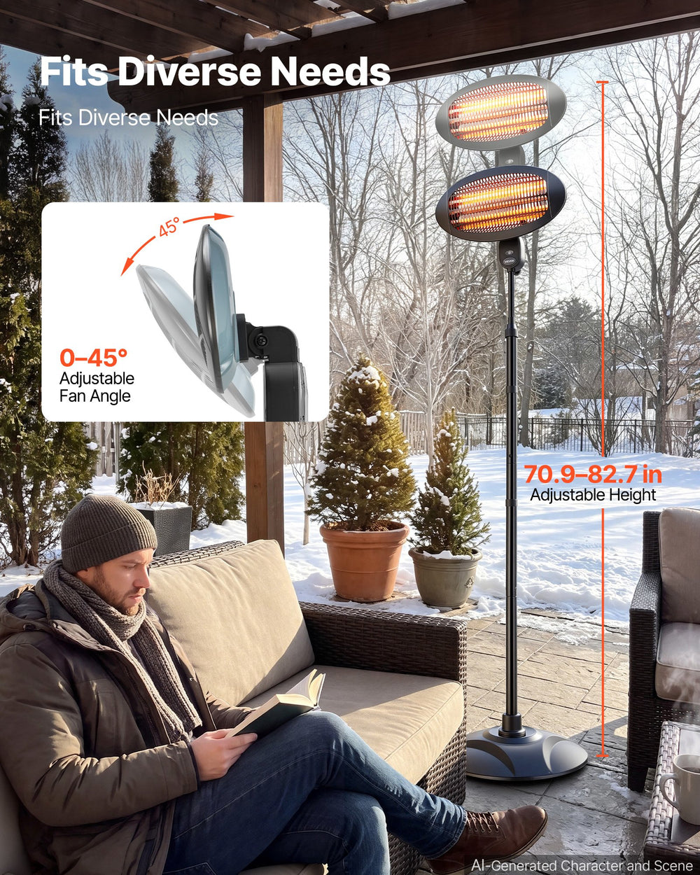 VEVOR Infrared Heater 2000W Electric Space Heater Pull-Chain Control Black, 3 Heat Settings, Premium Cold-Rolled Steel, Adjustable Height, Even Warmth for Patios, Backyards, Balconies Outdoor Use