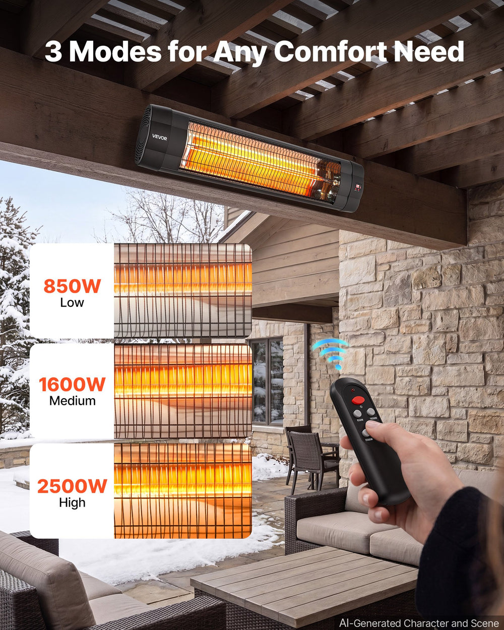VEVOR Infrared Heater 2500W Electric Space Heater with Tripod Remote Black, 3 Heat Settings, Panel Control, 24-Hour Timer, Premium PP Material, Even Warmth for Patios, Backyards, Balconies Outdoor Use