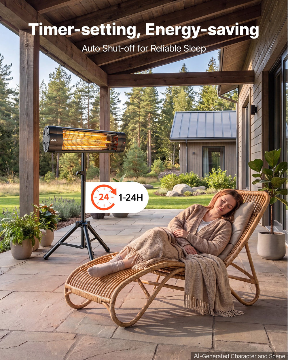 VEVOR Infrared Heater 2500W Electric Space Heater with Tripod Remote Black, 3 Heat Settings, Panel Control, 24-Hour Timer, Premium PP Material, Even Warmth for Patios, Backyards, Balconies Outdoor Use