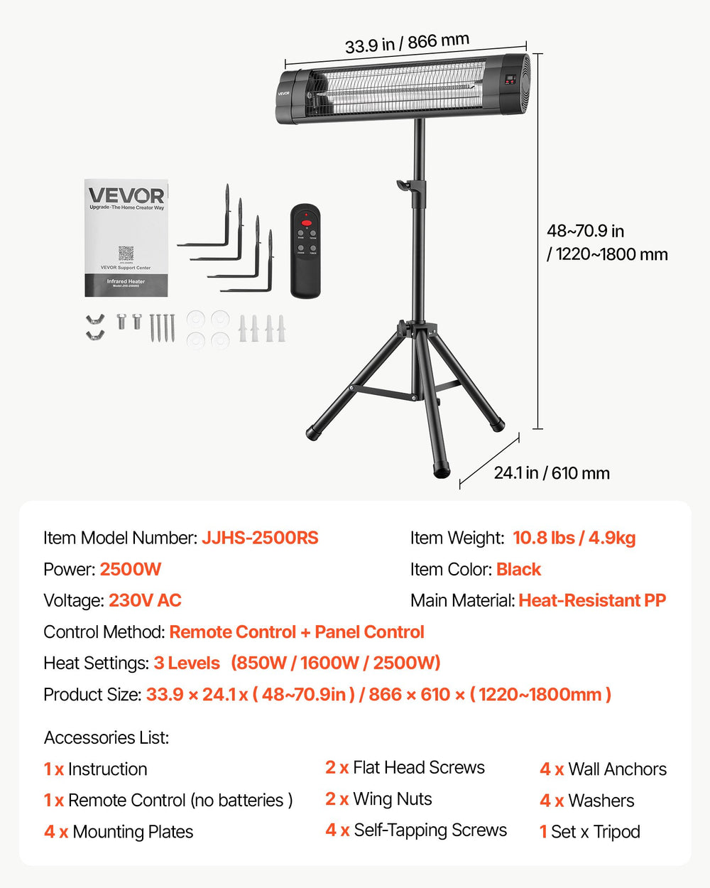 VEVOR Infrared Heater 2500W Electric Space Heater with Tripod Remote Black, 3 Heat Settings, Panel Control, 24-Hour Timer, Premium PP Material, Even Warmth for Patios, Backyards, Balconies Outdoor Use