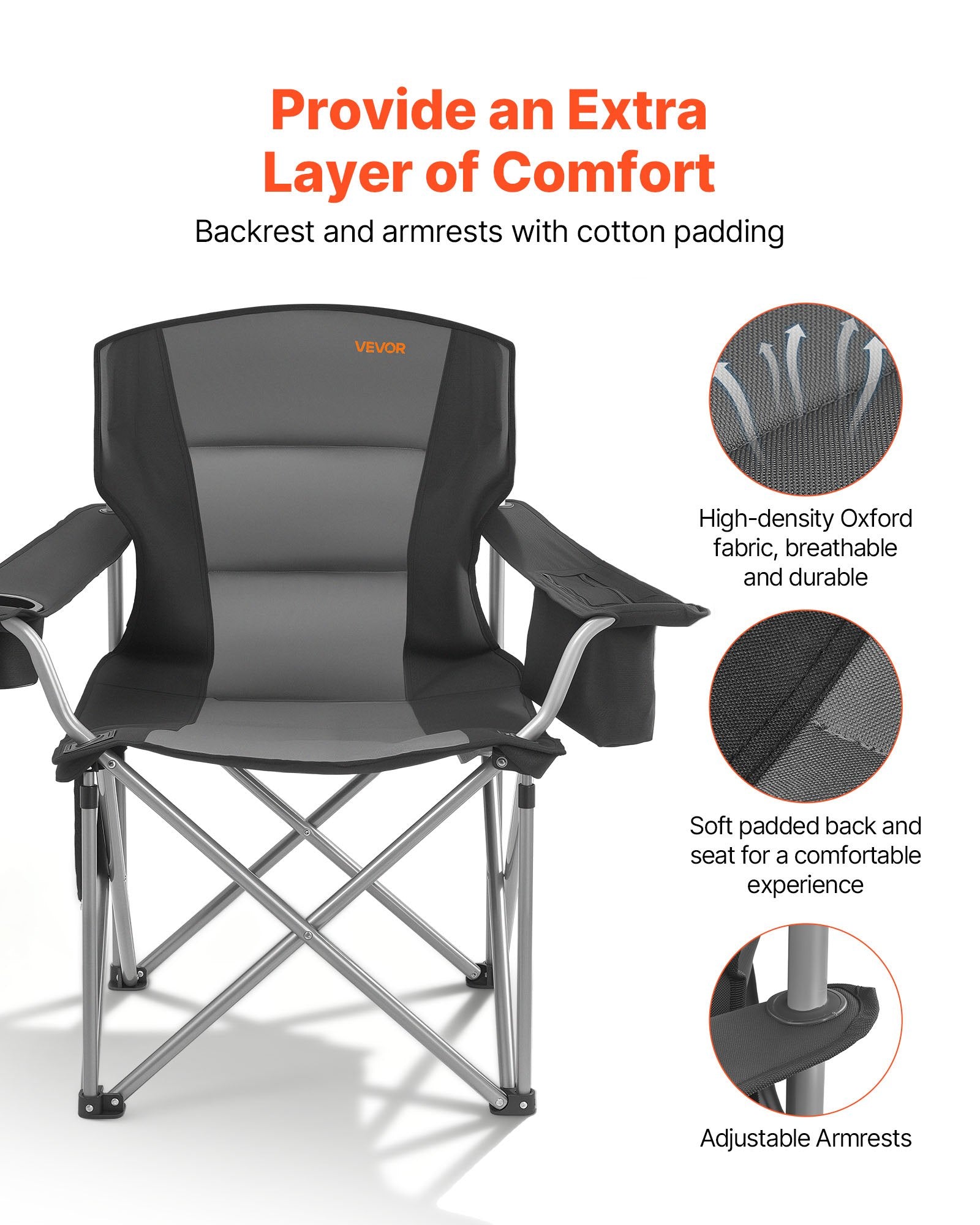 VEVOR Oversized Camping Chairs, 204 kg Heavy Duty Support, Portable Folding Camp Chairs with Padded Backrest & Armrests, Cup Holder & Side Pocket, Cooler Bag, Carry Bags for Outdoor, Fishing, 2 Pack