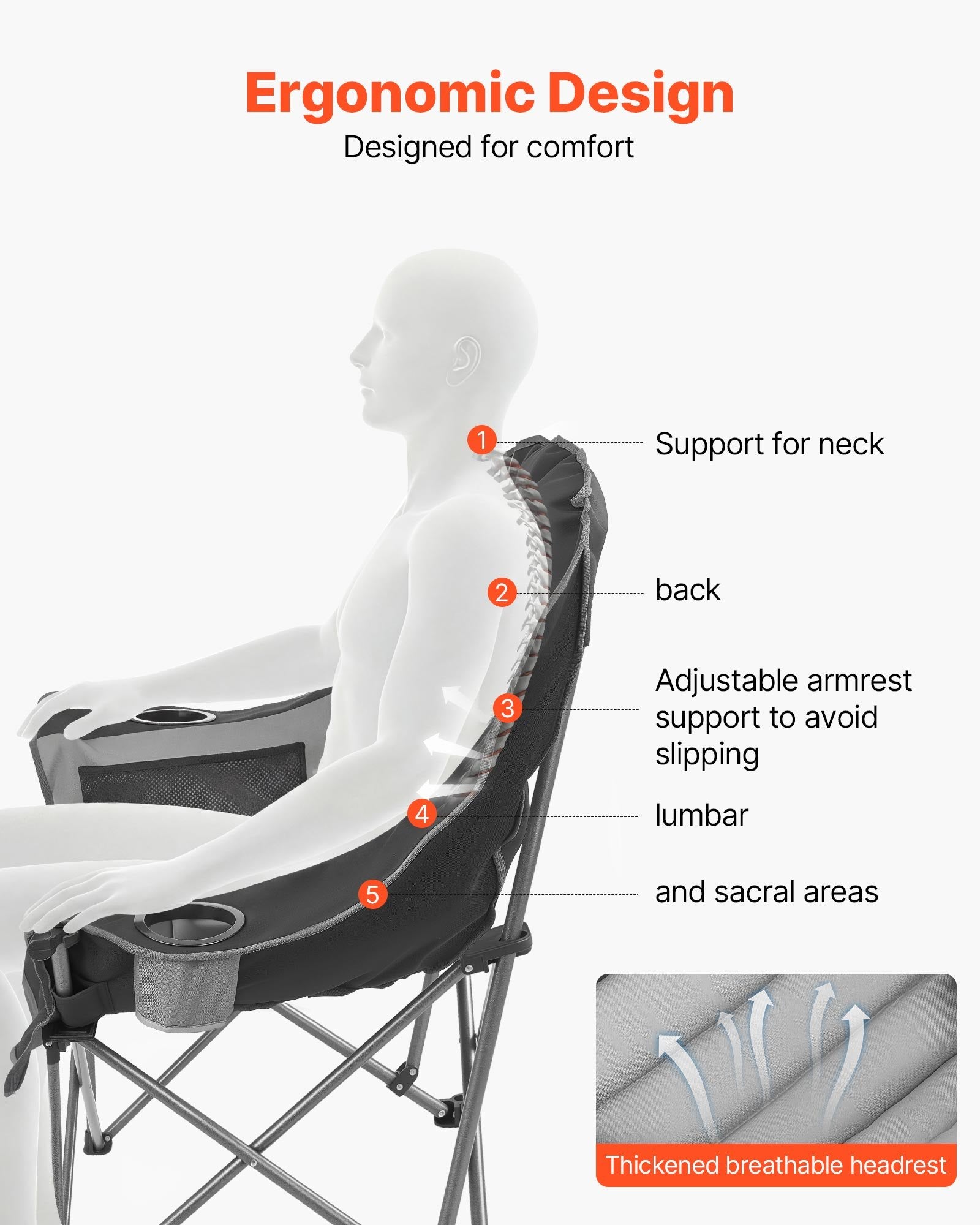VEVOR Oversized Camping Chairs, 204 kg Heavy Duty Support, Portable Padded Folding Camp Chairs with Dual Cup Holders & Wine Glass Holders, Carry Bag for Outdoor, Fishing, Black & Gray, 1 Pack