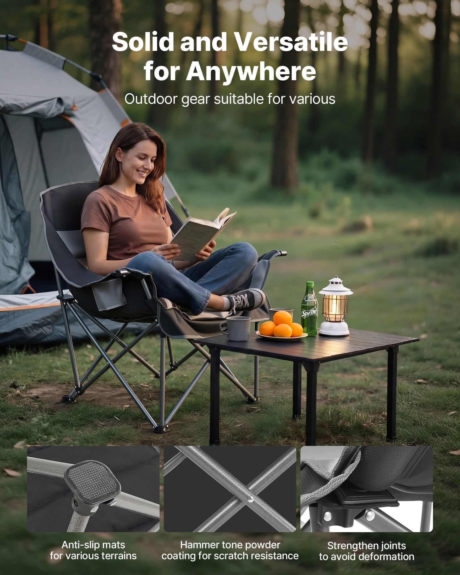 VEVOR Oversized Camping Chairs, 204 kg Heavy Duty Support, Portable Padded Folding Camp Chairs with Dual Cup Holders & Wine Glass Holders, Carry Bag for Outdoor, Fishing, Black & Gray, 1 Pack