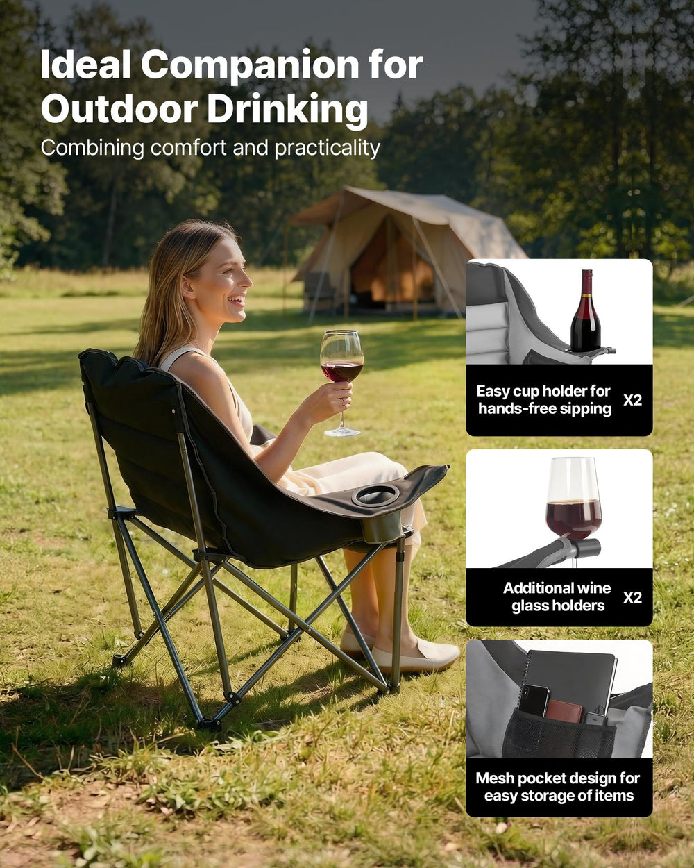VEVOR Oversized Camping Chairs, 204 kg Heavy Duty Support, Portable Padded Folding Camp Chairs with Dual Cup Holders & Wine Glass Holders, Carry Bag for Outdoor, Fishing, Black & Gray, 1 Pack