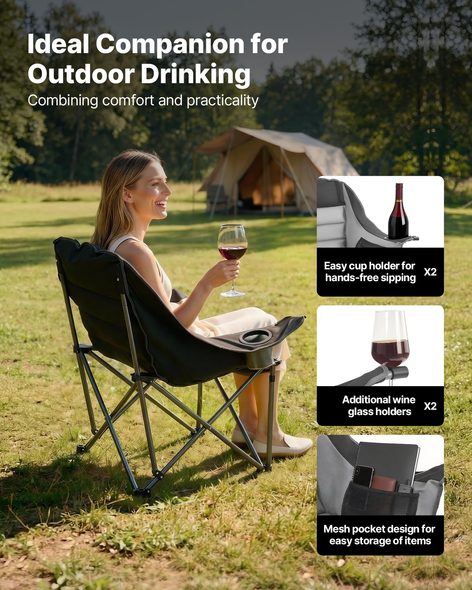 VEVOR Oversized Camping Chairs, 204 kg Heavy Duty Support, Portable Padded Folding Camp Chairs with Dual Cup Holders & Wine Glass Holders, Carry Bag for Outdoor, Fishing, Black & Gray, 1 Pack