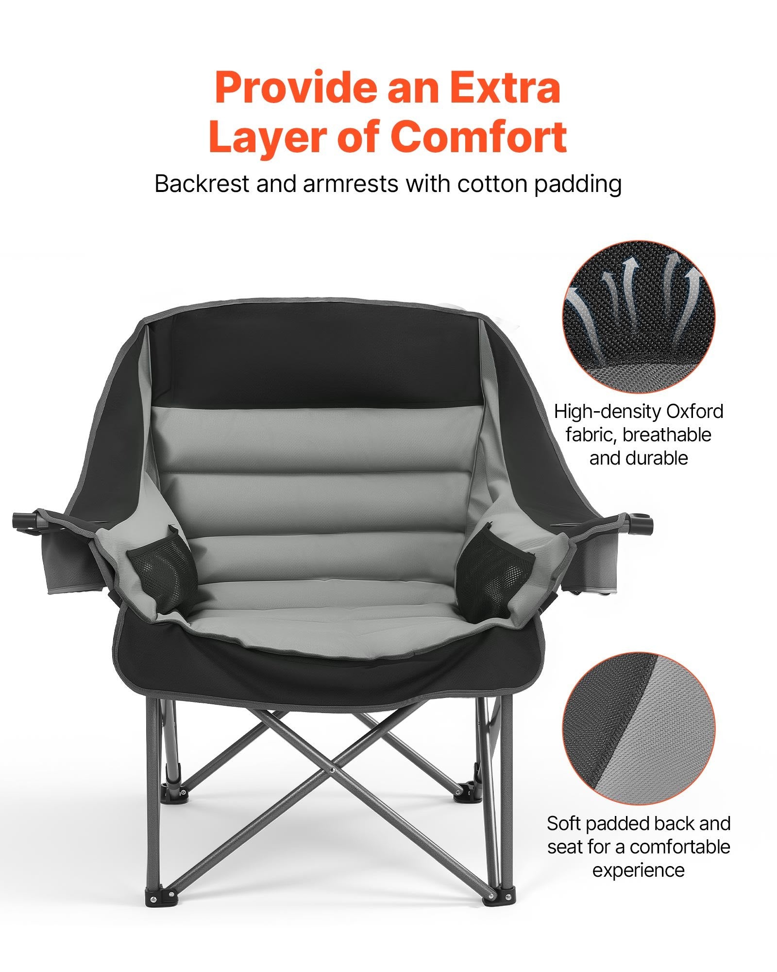 VEVOR Oversized Camping Chairs, 204 kg Heavy Duty Support, Portable Padded Folding Camp Chairs with Dual Cup Holders & Wine Glass Holders, Carry Bag for Outdoor, Fishing, Black & Gray, 1 Pack