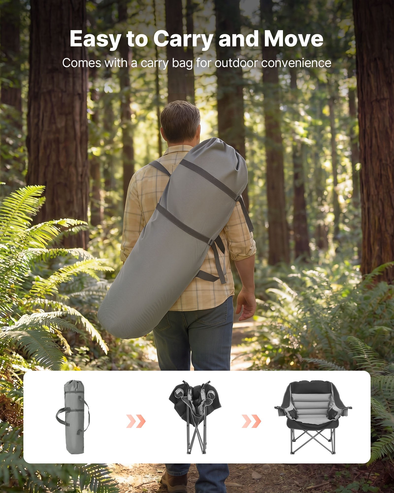 VEVOR Oversized Camping Chairs, 204 kg Heavy Duty Support, Portable Padded Folding Camp Chairs with Dual Cup Holders & Wine Glass Holders, Carry Bag for Outdoor, Fishing, Black & Gray, 1 Pack