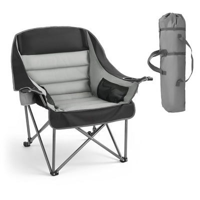VEVOR Oversized Camping Chairs, 204 kg Heavy Duty Support, Portable Padded Folding Camp Chairs with Dual Cup Holders & Wine Glass Holders, Carry Bag for Outdoor, Fishing, Black & Gray, 1 Pack