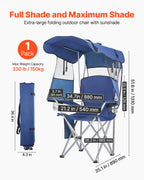 VEVOR Camping Chair with Canopy Shade, Folding Beach Chair with Canopy & Magazine Pocket, 2 Cup Holders, 150 kg Heavy Duty Support, Carry Bags for Outdoor, Camp, Fishing, Tailgates, Deep Blue