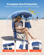 VEVOR Camping Chair with Canopy Shade, Folding Beach Chair with Canopy & Magazine Pocket, 2 Cup Holders, 150 kg Heavy Duty Support, Carry Bags for Outdoor, Camp, Fishing, Tailgates, Deep Blue