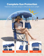 VEVOR Camping Chair with Canopy Shade, Folding Beach Chair with Canopy & Magazine Pocket, 2 Cup Holders, 150 kg Heavy Duty Support, Carry Bags for Outdoor, Camp, Fishing, Tailgates, Deep Blue