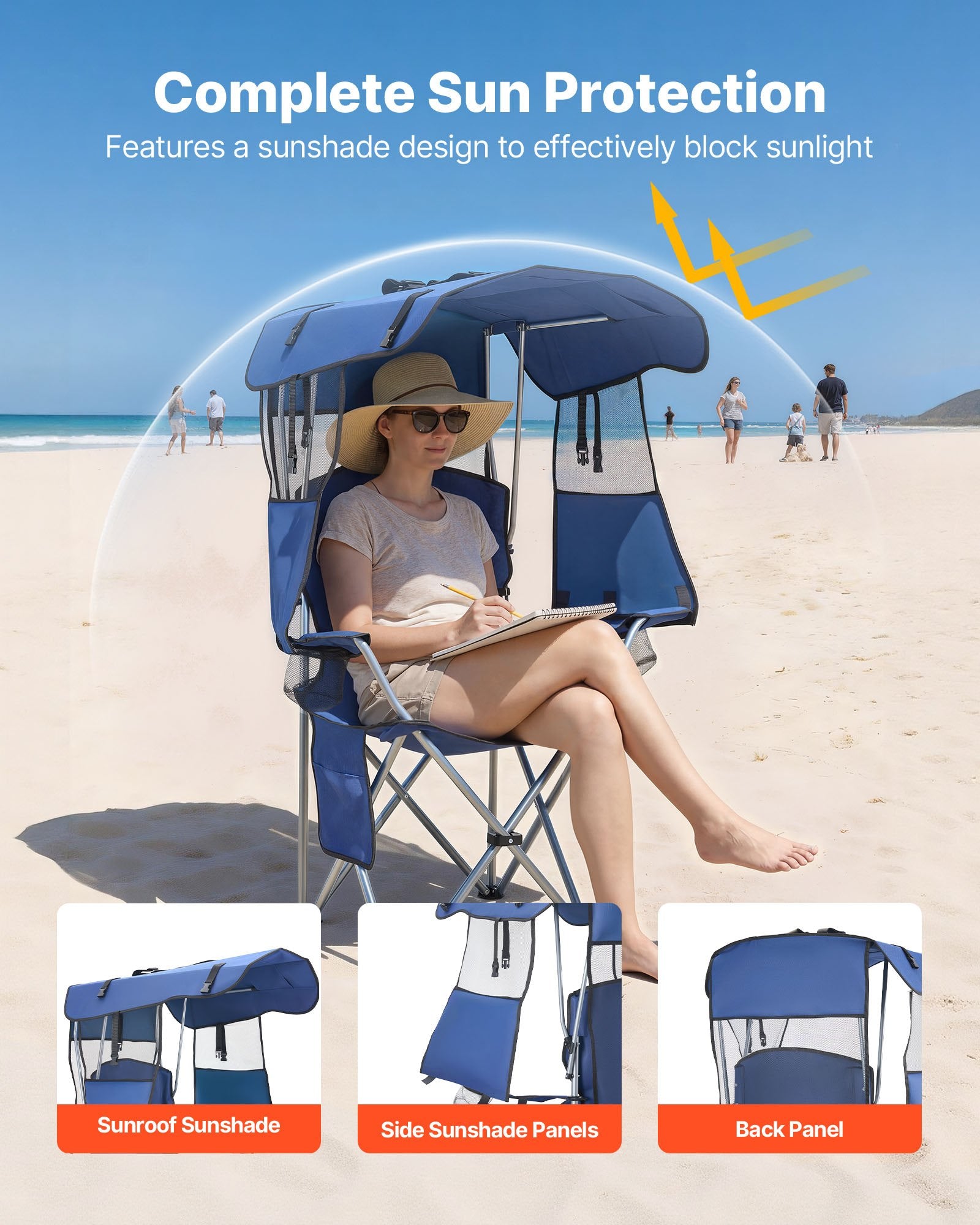 VEVOR Camping Chair with Canopy Shade, Folding Beach Chair with Canopy & Magazine Pocket, 2 Cup Holders, 150 kg Heavy Duty Support, Carry Bags for Outdoor, Camp, Fishing, Tailgates, Deep Blue
