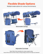 VEVOR Camping Chair with Canopy Shade, Folding Beach Chair with Canopy & Magazine Pocket, 2 Cup Holders, 150 kg Heavy Duty Support, Carry Bags for Outdoor, Camp, Fishing, Tailgates, Deep Blue