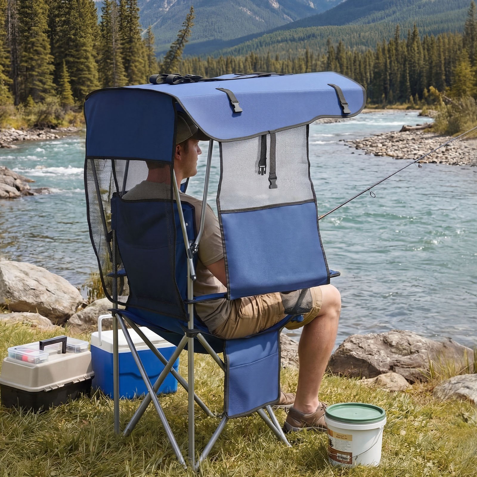 VEVOR Camping Chair with Canopy Shade, Folding Beach Chair with Canopy & Magazine Pocket, 2 Cup Holders, 150 kg Heavy Duty Support, Carry Bags for Outdoor, Camp, Fishing, Tailgates, Deep Blue