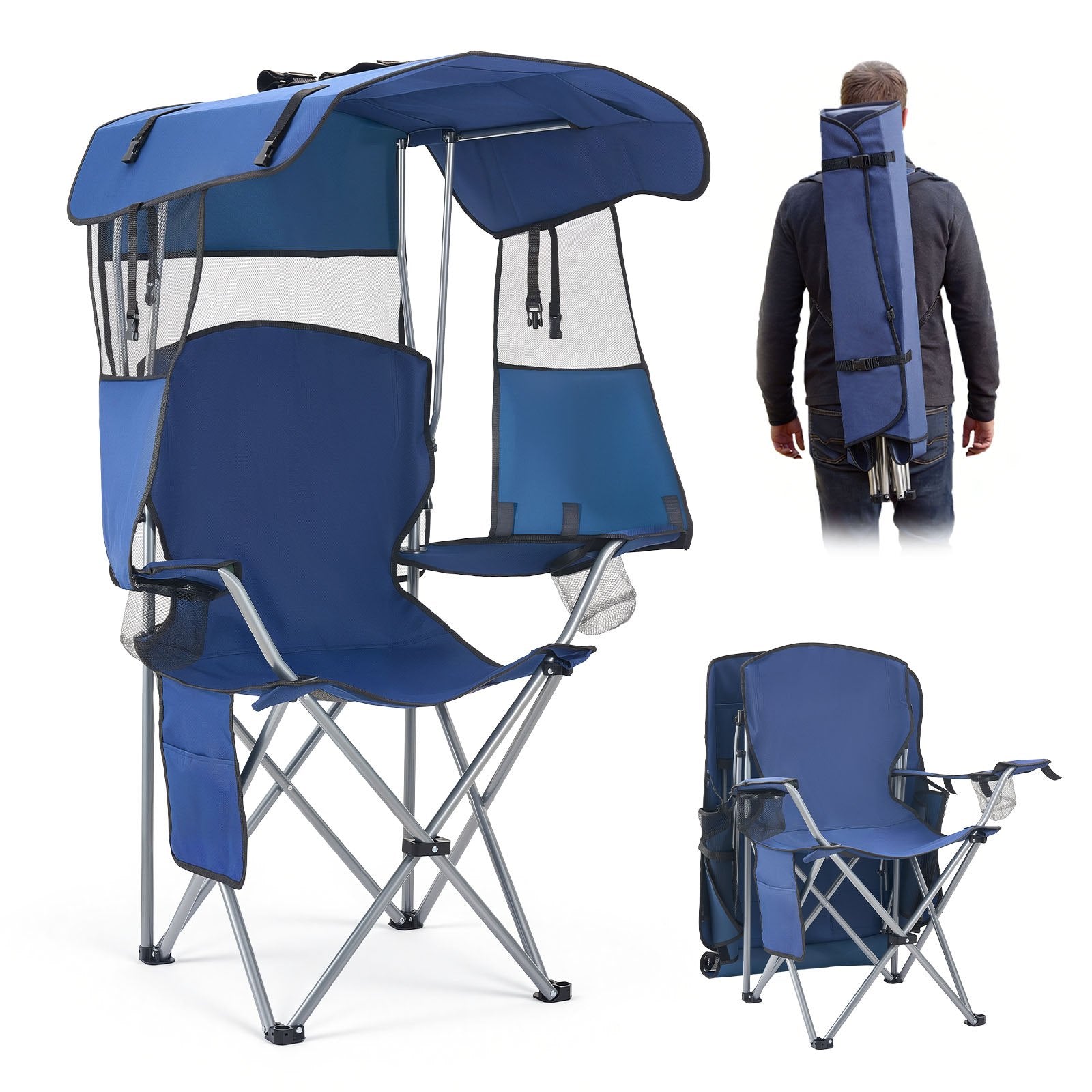 VEVOR Camping Chair with Canopy Shade, Folding Beach Chair with Canopy & Magazine Pocket, 2 Cup Holders, 150 kg Heavy Duty Support, Carry Bags for Outdoor, Camp, Fishing, Tailgates, Deep Blue