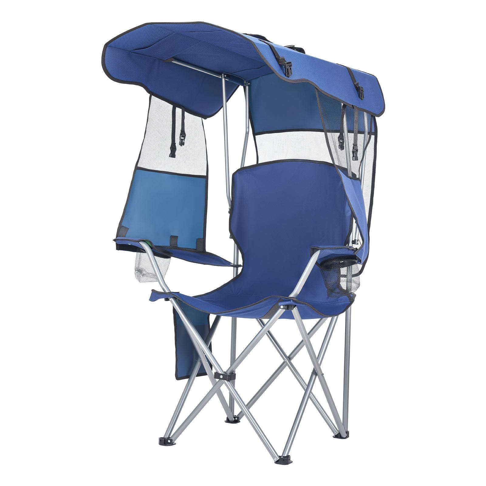 VEVOR Camping Chair with Canopy Shade, Folding Beach Chair with Canopy & Magazine Pocket, 2 Cup Holders, 150 kg Heavy Duty Support, Carry Bags for Outdoor, Camp, Fishing, Tailgates, Deep Blue