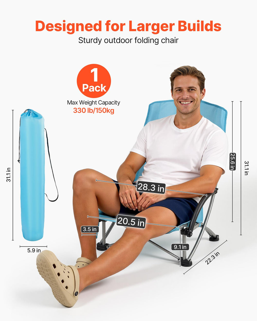 VEVOR Folding Beach Chair, High Back Camping Chairs for Adults, with Cup Pocket, Mesh Back, Carry Bag, Portable Extra Wide Seat Chair 150 kg Heavy Duty Support, for Outdoor, Camp, Light Blue