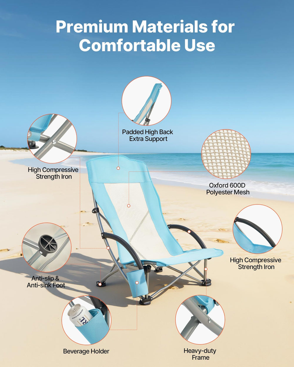 VEVOR Folding Beach Chair, High Back Camping Chairs for Adults, with Cup Pocket, Mesh Back, Carry Bag, Portable Extra Wide Seat Chair 150 kg Heavy Duty Support, for Outdoor, Camp, Light Blue