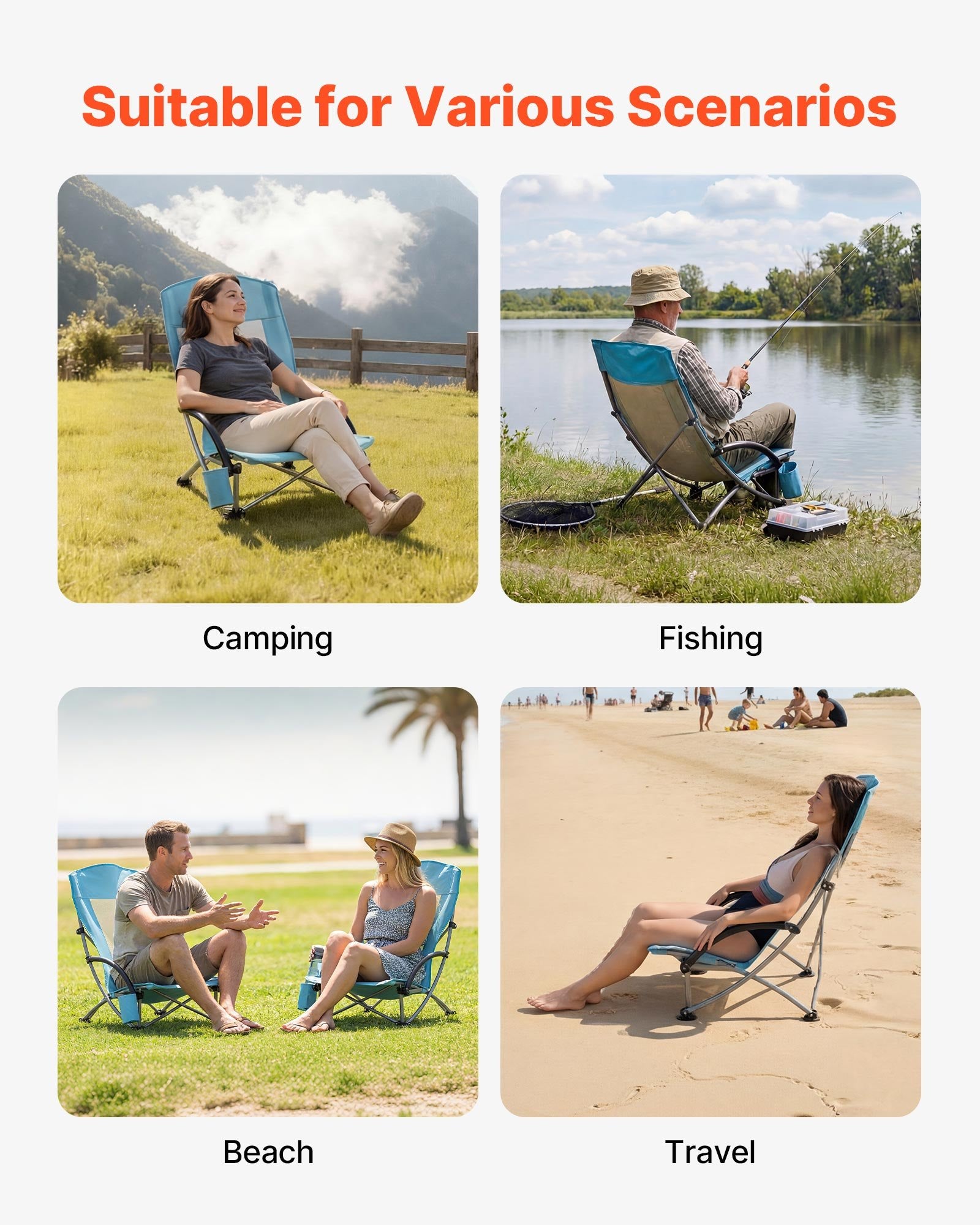 VEVOR Folding Beach Chair, High Back Camping Chairs for Adults, with Cup Pocket, Mesh Back, Carry Bag, Portable Extra Wide Seat Chair 150 kg Heavy Duty Support, for Outdoor, Camp, Light Blue
