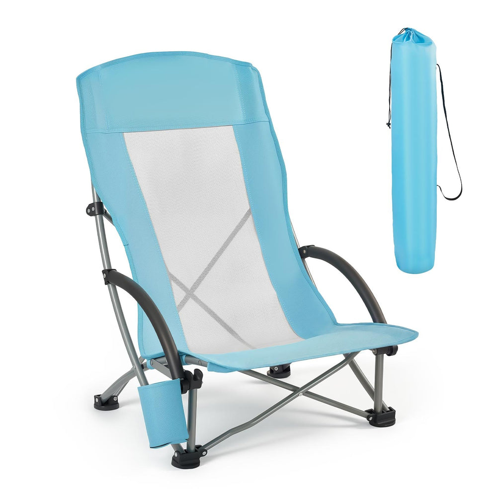 VEVOR Folding Beach Chair, High Back Camping Chairs for Adults, with Cup Pocket, Mesh Back, Carry Bag, Portable Extra Wide Seat Chair 150 kg Heavy Duty Support, for Outdoor, Camp, Light Blue