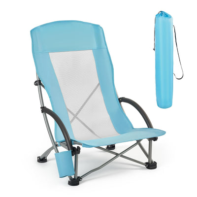 VEVOR Folding Beach Chair, High Back Camping Chairs for Adults, with Cup Pocket, Mesh Back, Carry Bag, Portable Extra Wide Seat Chair 150 kg Heavy Duty Support, for Outdoor, Camp, Light Blue