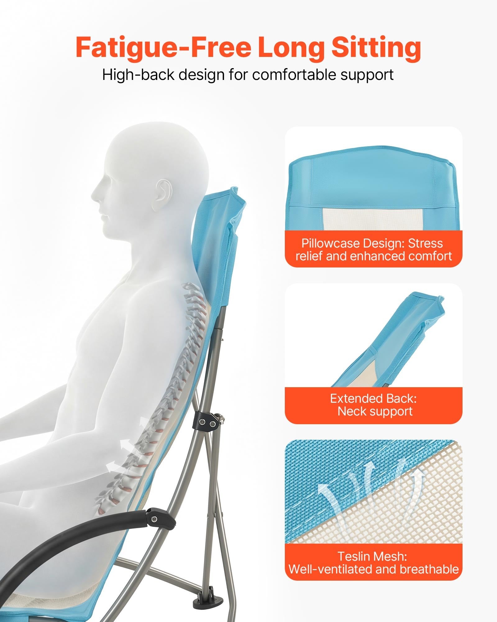 VEVOR Folding Beach Chair, High Back Camping Chairs for Adults, with Cup Pocket, Mesh Back, Carry Bag, Portable Extra Wide Seat Chair 150 kg Heavy Duty Support, for Outdoor, Camp, Light Blue, 2 Pack