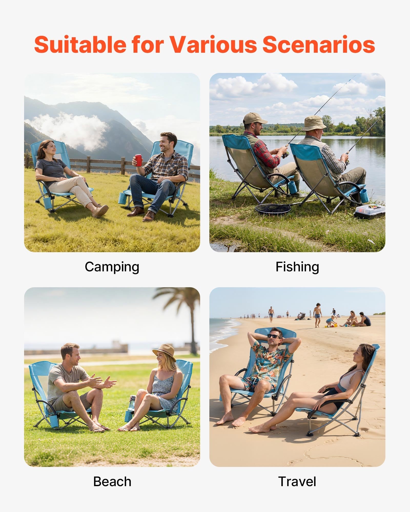VEVOR Folding Beach Chair, High Back Camping Chairs for Adults, with Cup Pocket, Mesh Back, Carry Bag, Portable Extra Wide Seat Chair 150 kg Heavy Duty Support, for Outdoor, Camp, Light Blue, 2 Pack