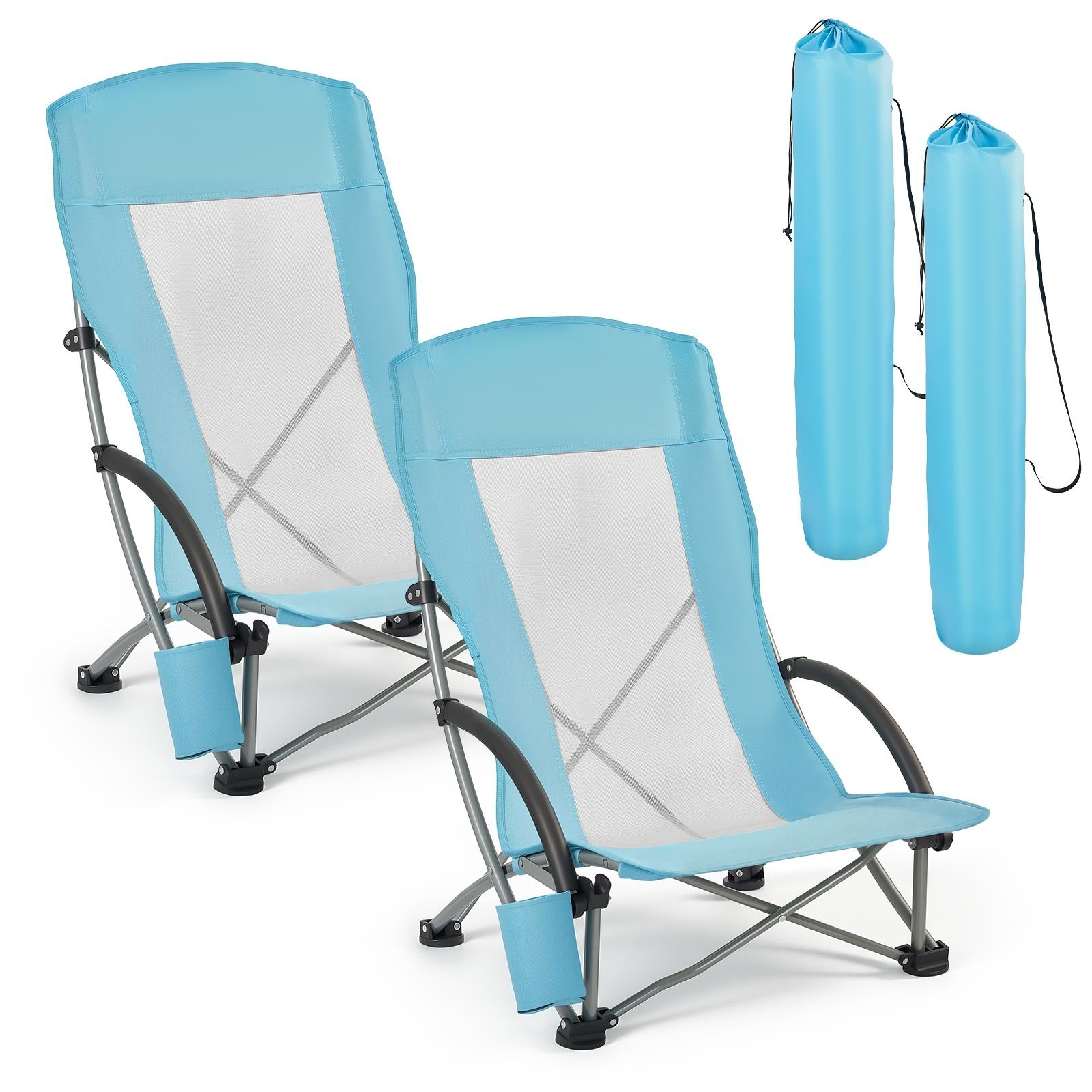 VEVOR Folding Beach Chair, High Back Camping Chairs for Adults, with Cup Pocket, Mesh Back, Carry Bag, Portable Extra Wide Seat Chair 150 kg Heavy Duty Support, for Outdoor, Camp, Light Blue, 2 Pack