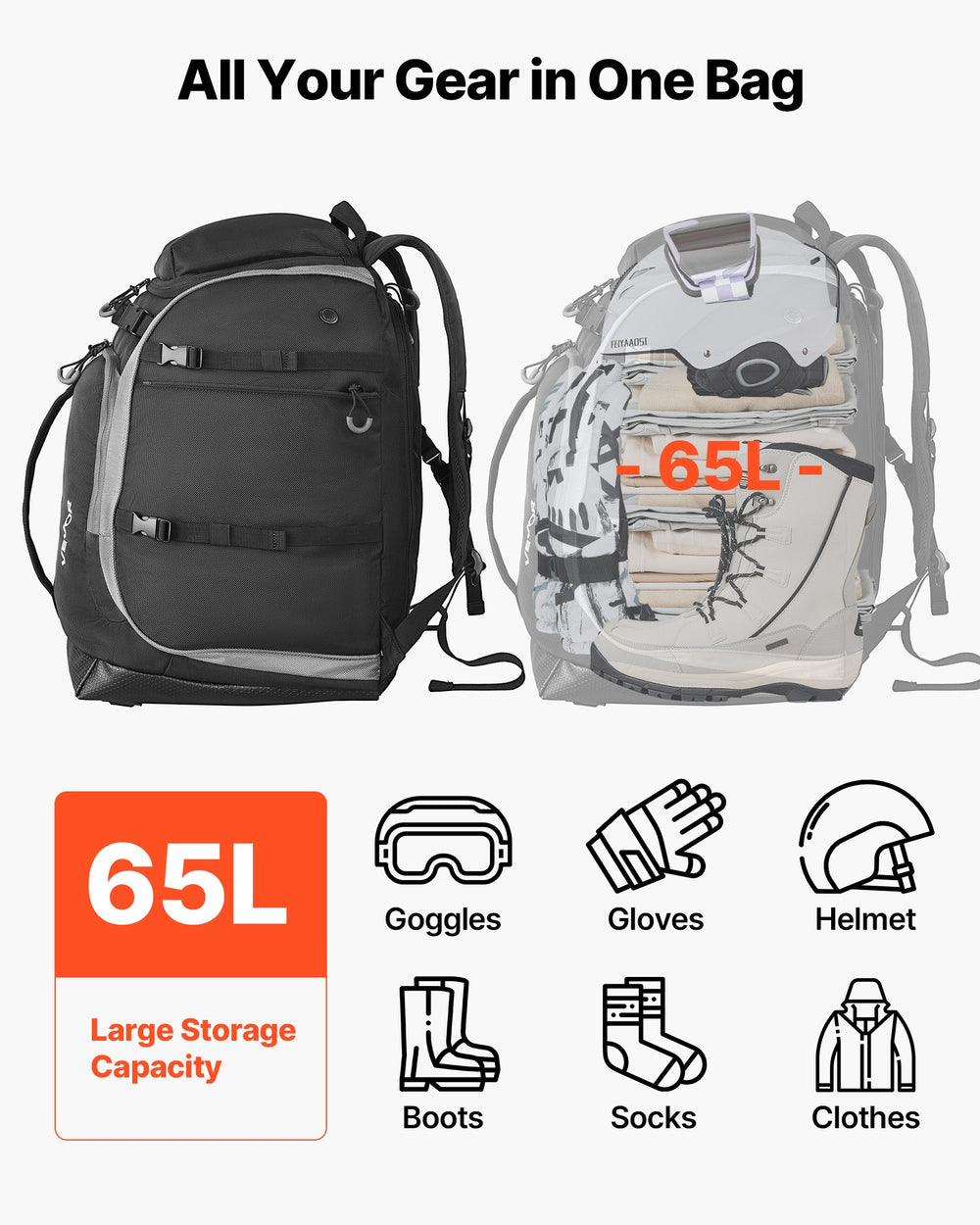 VEVOR Ski Boot Bag Snowboard Boots Travel Backpack 55L Waterproof Oxford Black