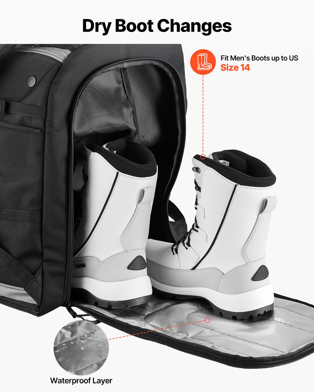 VEVOR Ski Boot Bag Snowboard Boots Travel Backpack 55L Waterproof Oxford Black