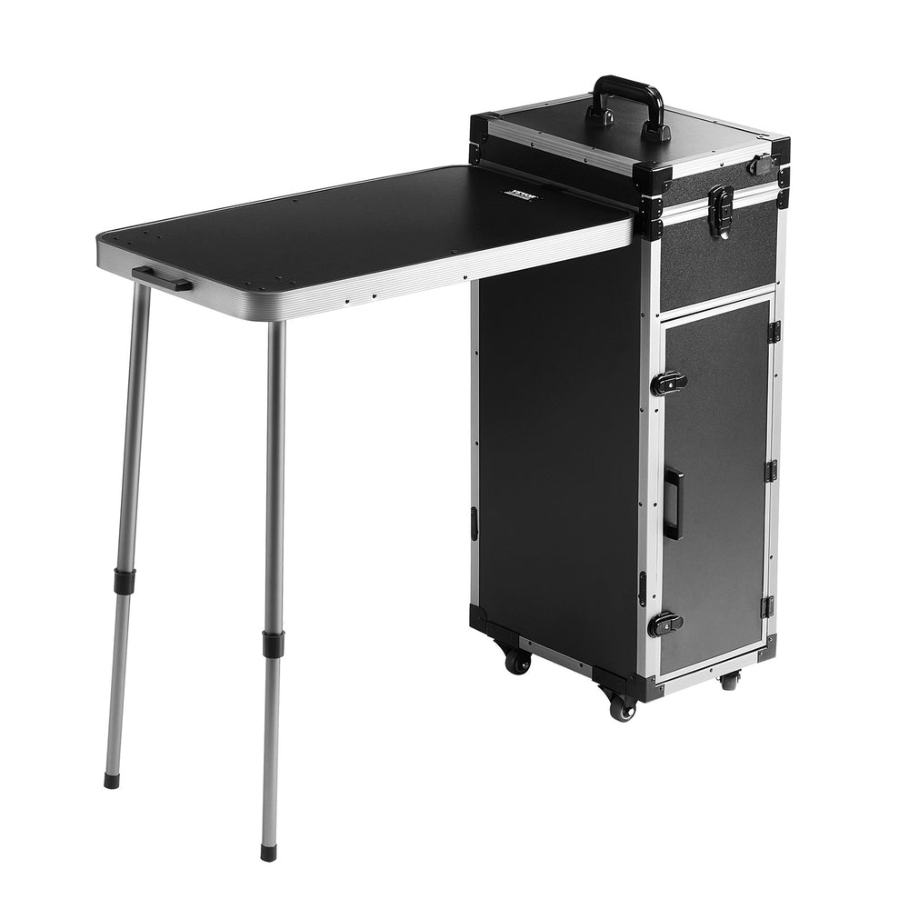 VEVOR Professional Makeup Train Case Aluminum Cosmetic Case, Workbench With Supporting Legs, Rolling Makeup Case Extra Large Trolley Makeup Travel Organizer, with 360° Swivel Wheels, Black