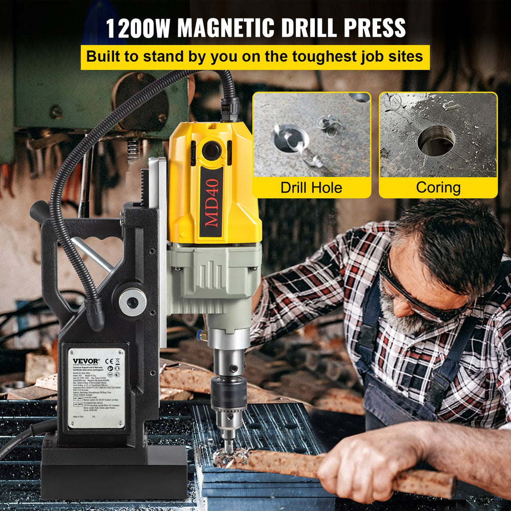 VEVOR Magnetic Drill, 1100W 4 cm Boring Diameter, 2697lbf/12000N Portable Electric Mag Drill Press with 7 Bits, 580 RPM Max Speed Drilling Machine for any Surface and Home Improvement