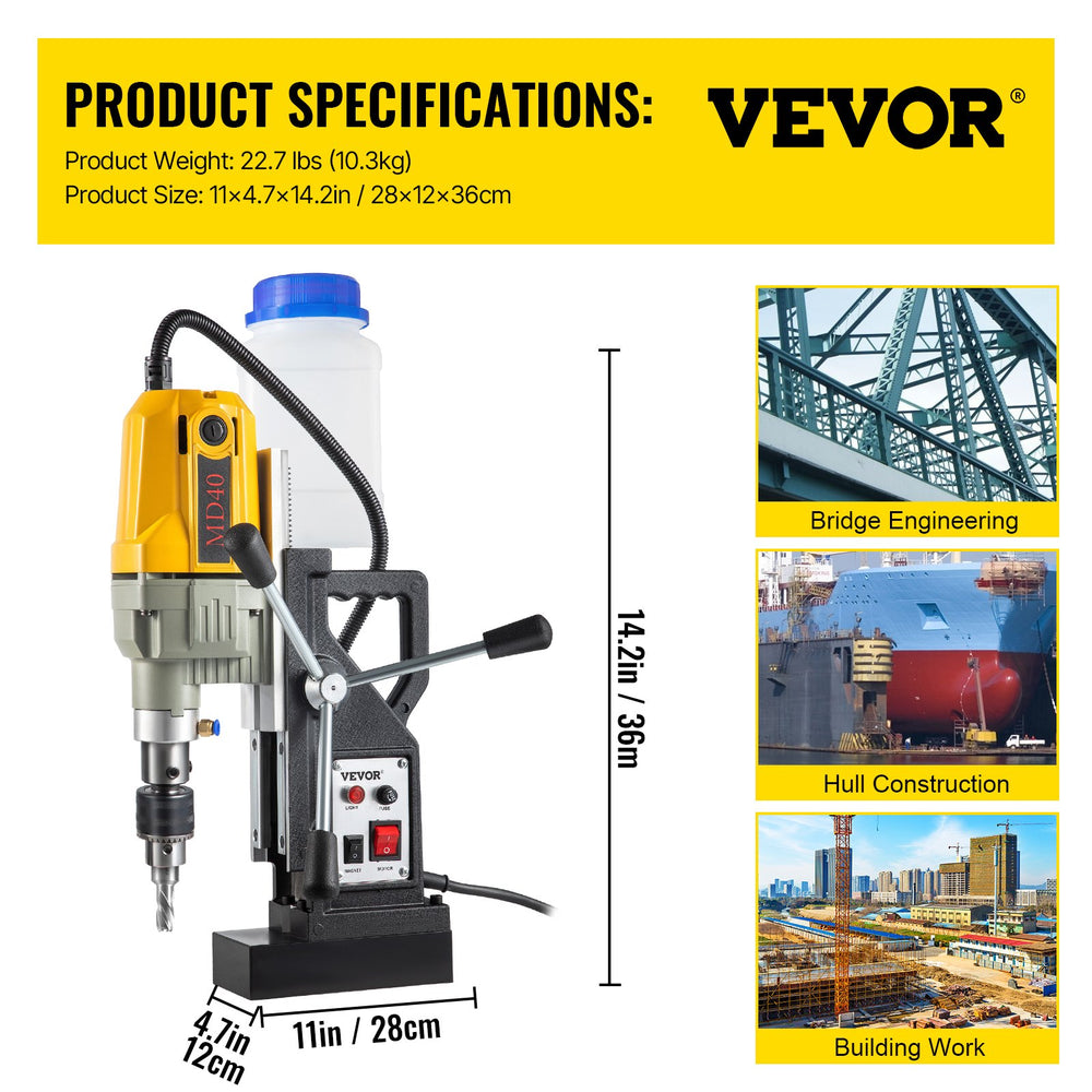 VEVOR Magnetic Drill, 1100W 4 cm Boring Diameter, 2697lbf/12000N Portable Electric Mag Drill Press with 7 Bits, 580 RPM Max Speed Drilling Machine for any Surface and Home Improvement