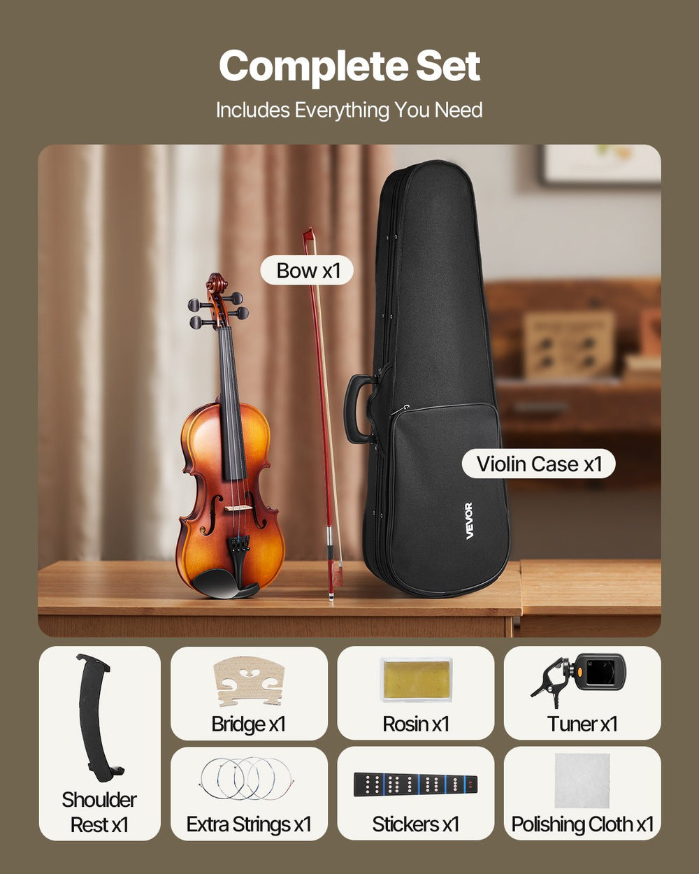 VEVOR Violin 355mm Full Size for Adults, Violin Fiddle Set for Beginners with Hard Case, Rosin, Bow, Shoulder Rest, Bridge, Tuner and Extra Strings, Professional Musical Instruments for Student (Brown)