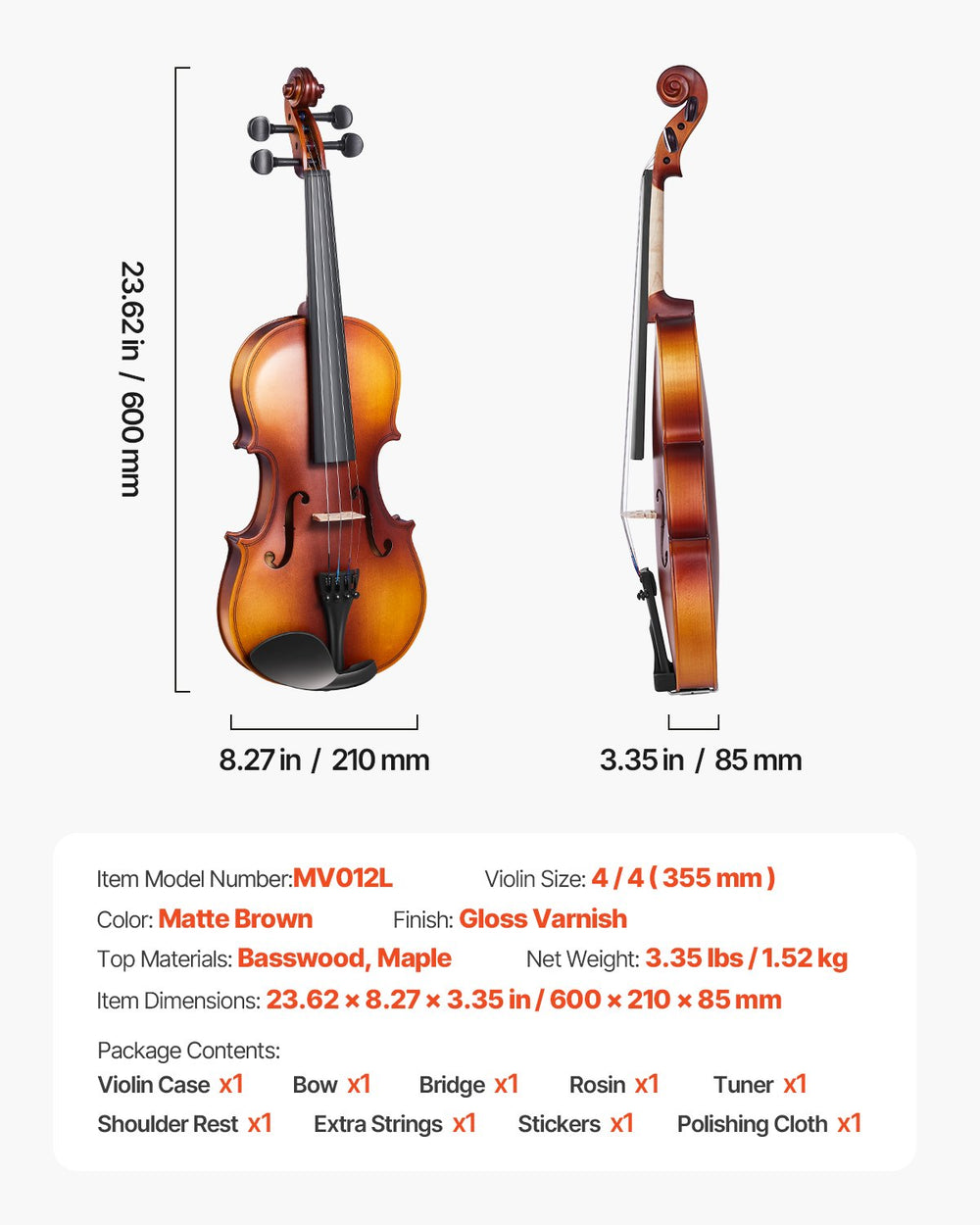 VEVOR Violin 355mm Full Size for Adults, Violin Fiddle Set for Beginners with Hard Case, Rosin, Bow, Shoulder Rest, Bridge, Tuner and Extra Strings, Professional Musical Instruments for Student (Brown)