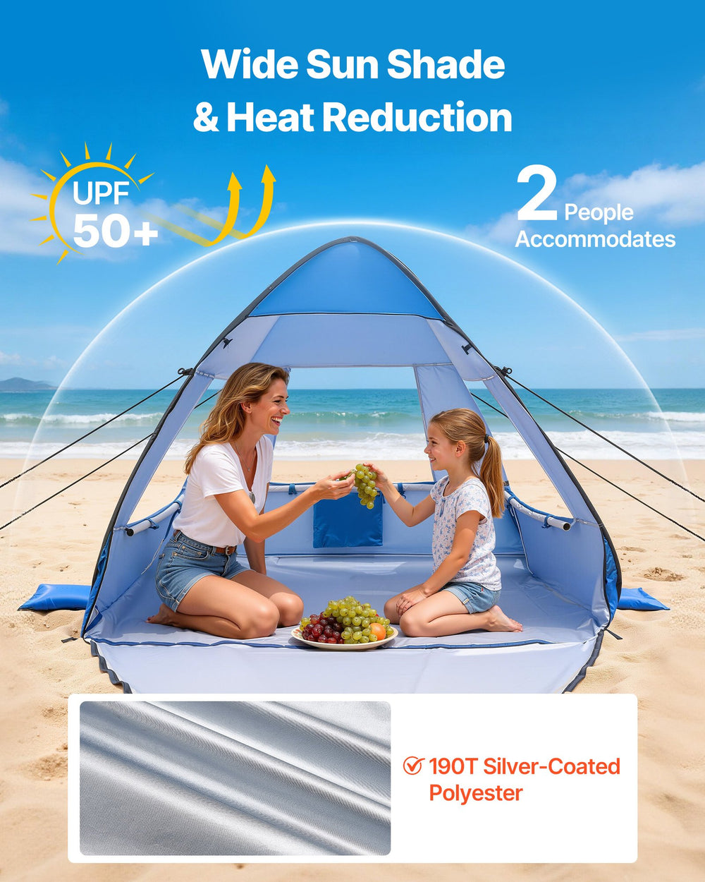 VEVOR Beach Tent Sun Shelter for 2 Person, UPF 50+ Protection, Portable Sun Shade Canopy with Carrying Bag & Sand Pockets, Lightweight and Easy Setup Beach Umbrella for Camping Fishing Outdoor Picnic