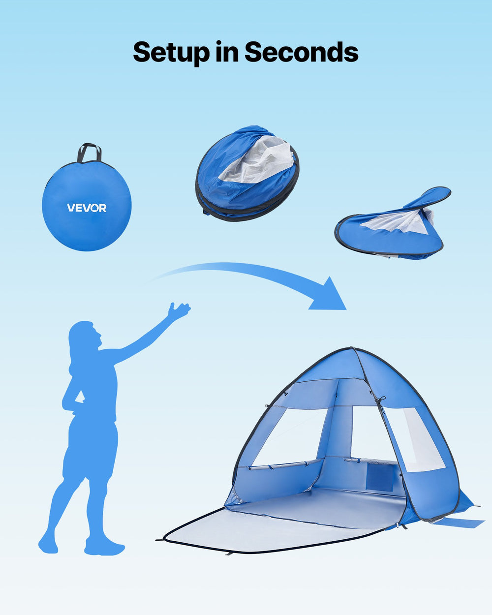 VEVOR Beach Tent Sun Shelter for 2 Person, UPF 50+ Protection, Portable Sun Shade Canopy with Carrying Bag & Sand Pockets, Lightweight and Easy Setup Beach Umbrella for Camping Fishing Outdoor Picnic
