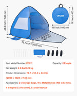 VEVOR Beach Tent Sun Shelter for 2 Person, UPF 50+ Protection, Portable Sun Shade Canopy with Carrying Bag & Sand Pockets, Lightweight and Easy Setup Beach Umbrella for Camping Fishing Outdoor Picnic