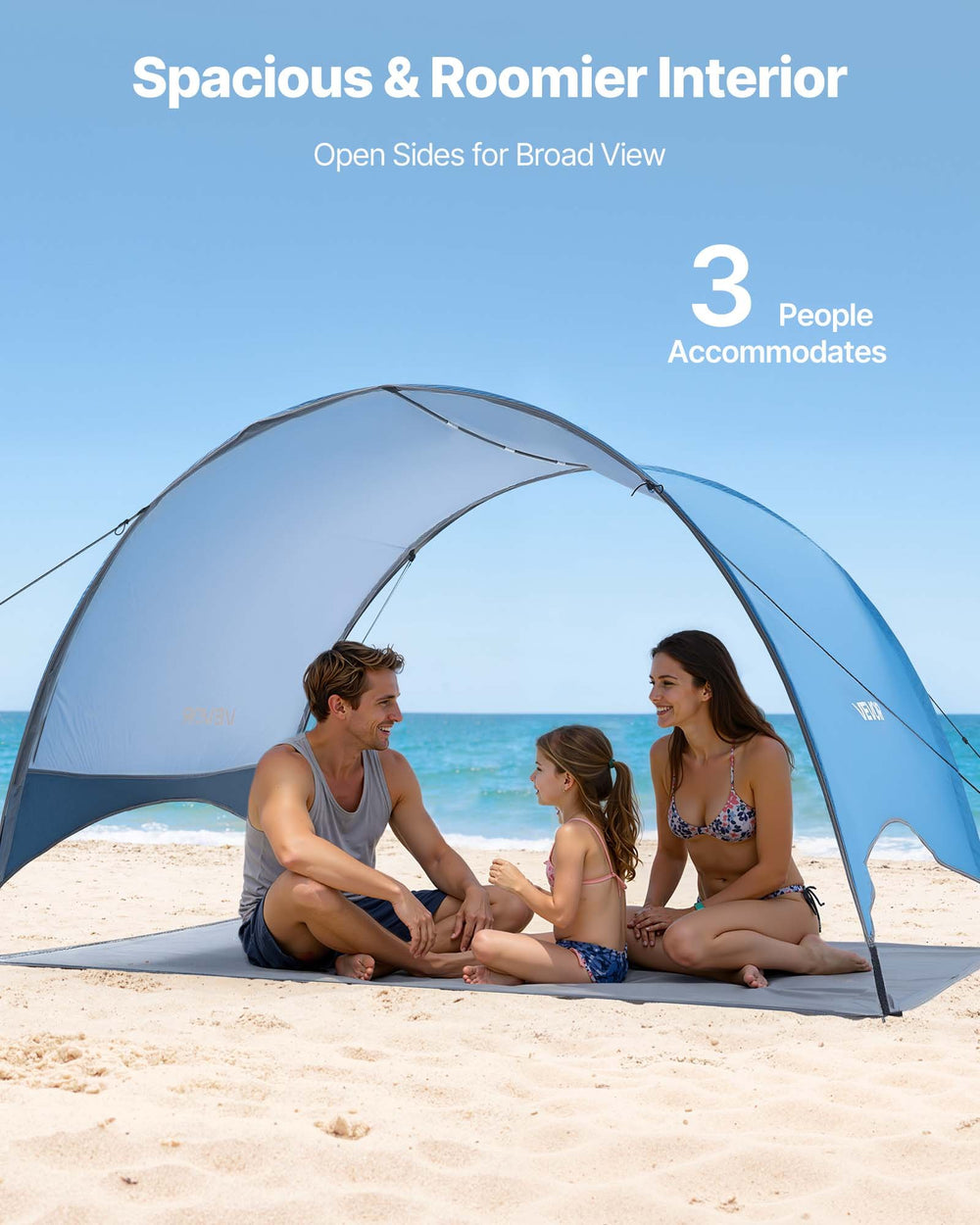 VEVOR Beach Tent Sun Shelter for 3 Person, UPF 50+ Protection, Portable Sun Shade Canopy with Carrying Bag & Ground Stakes, Lightweight and Easy Setup Beach Umbrella for Camping Fishing Outdoor Picnic