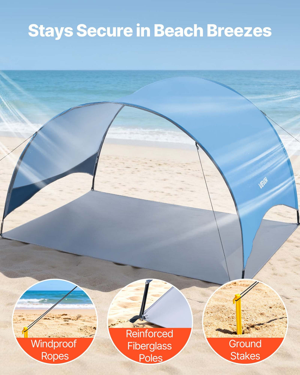 VEVOR Beach Tent Sun Shelter for 3 Person, UPF 50+ Protection, Portable Sun Shade Canopy with Carrying Bag & Ground Stakes, Lightweight and Easy Setup Beach Umbrella for Camping Fishing Outdoor Picnic