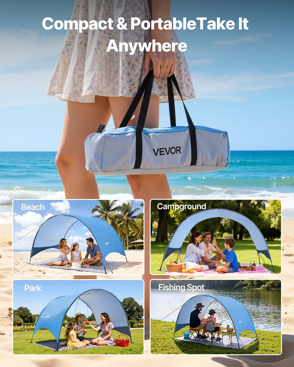 VEVOR Beach Tent Sun Shelter for 3 Person, UPF 50+ Protection, Portable Sun Shade Canopy with Carrying Bag & Ground Stakes, Lightweight and Easy Setup Beach Umbrella for Camping Fishing Outdoor Picnic