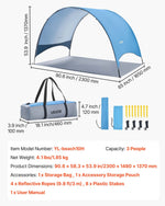VEVOR Beach Tent Sun Shelter for 3 Person, UPF 50+ Protection, Portable Sun Shade Canopy with Carrying Bag & Ground Stakes, Lightweight and Easy Setup Beach Umbrella for Camping Fishing Outdoor Picnic