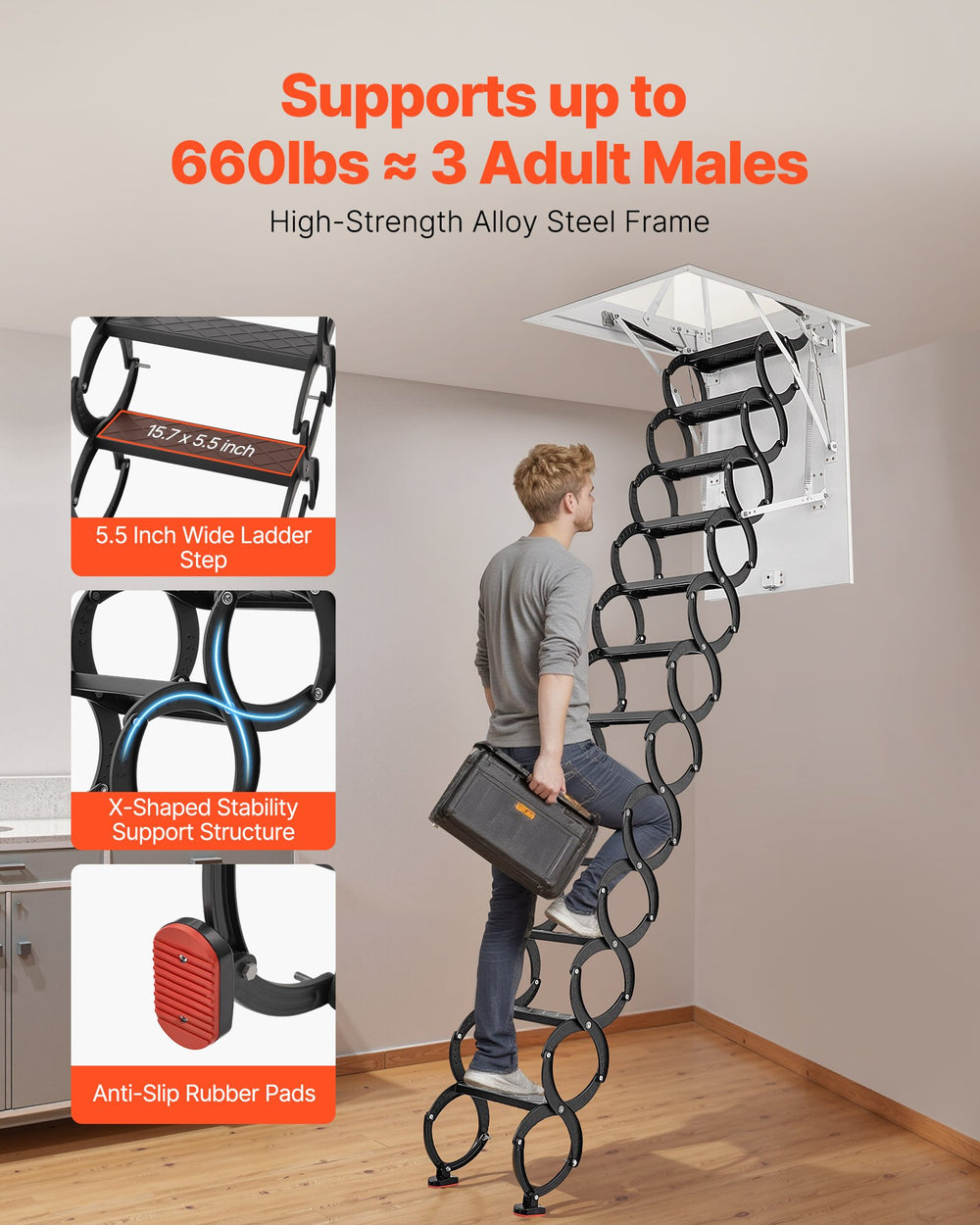 VEVOR Attic Ladder, 660LBS/299.4KG Capacity, Fits 10.5 to 11 ft Ceiling Height and 39.4 x 27.5 inch Opening Size, Alloy Steel Pull-Down Retractable Ceiling Stair with Pulling Rod for Attic Loft Roof
