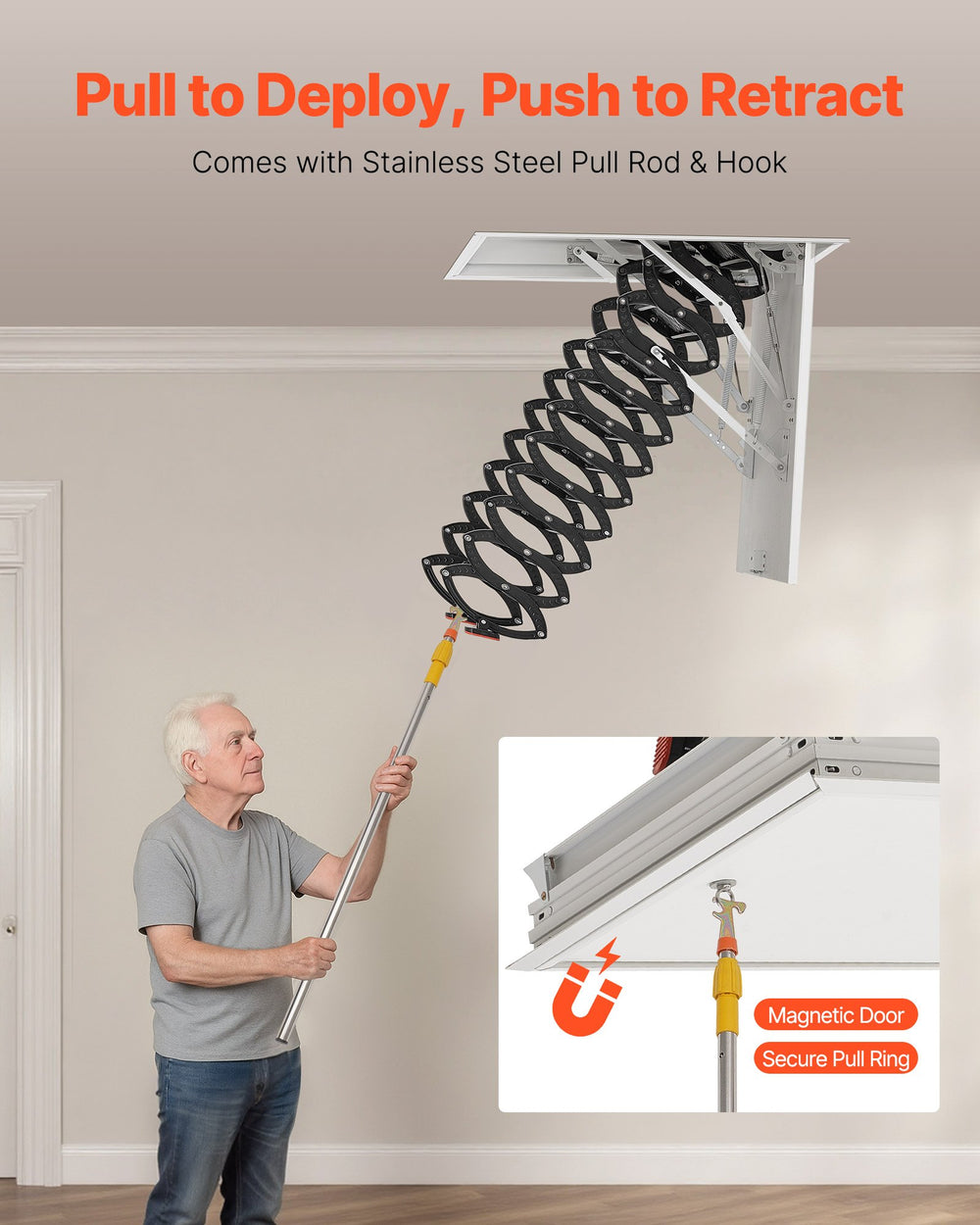 VEVOR Attic Ladder, 660LBS/299.4KG Capacity, Fits 10.5 to 11 ft Ceiling Height and 39.4 x 27.5 inch Opening Size, Alloy Steel Pull-Down Retractable Ceiling Stair with Pulling Rod for Attic Loft Roof